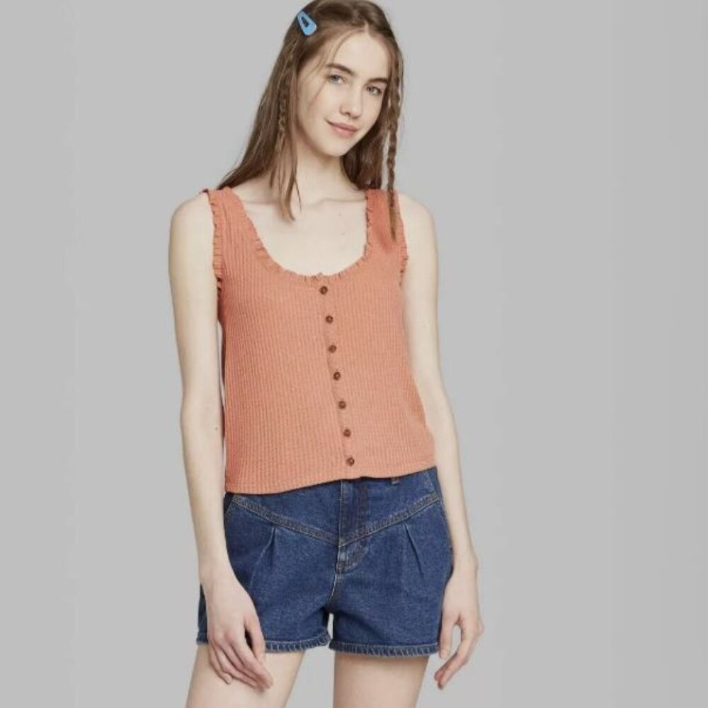 Wild Fable waffle knit crop top with button down front and ruffle neckline trim